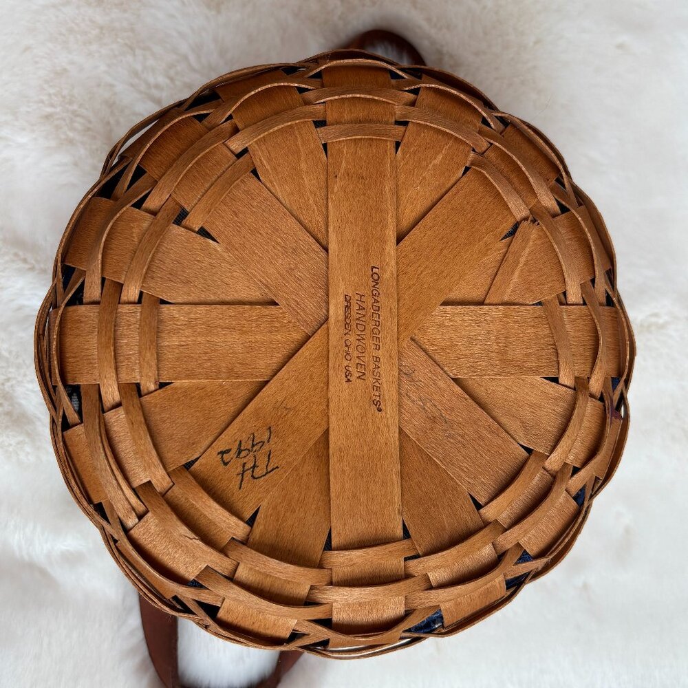 Longaberger Vintage Classic Brown Button Basket W/Plastic Protector & Blue Liner - Picture 7 of 16